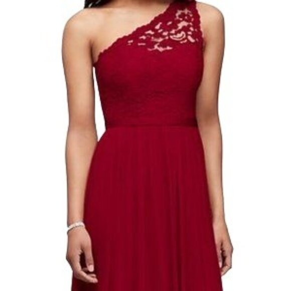 Davids Bridal One Shoulder Lace and Mesh Dress sz 6 - Picture 2 of 9